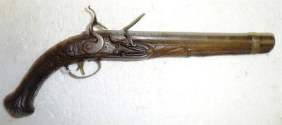 Lot 460 - A Late 18th Century Continental Flintlock Holster Pistol, the 22cm steel barrel inlaid with...