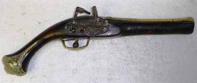 Lot 461 - A 19th Century Spanish Micquelet Lock Holster Pistol, the 21cm swamped brass barrel with...