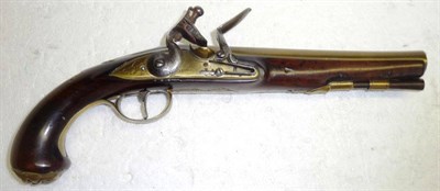 Lot 462 - A Late 18th/Early 19th Century Flintlock Overcoat Pistol, the 18cm brass barrel with indecipherable