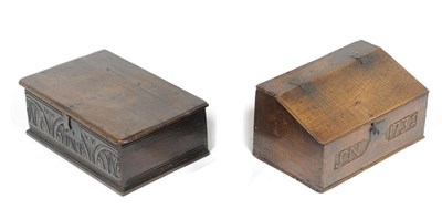 Lot 1402 - An 18th Century Boarded Oak Box, with slope lid, the frieze craved with initials SN and dated 173?