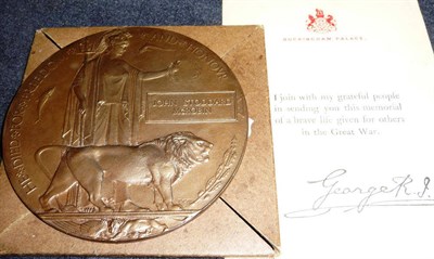 Lot 9 - A First World War Memorial Plaque, to JOHN STODDARD McROBIN, in cardboard envelope of issue...