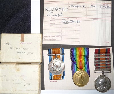 Lot 17 - A First World War Pair, awarded to 27294 PTE.J.RIDGARD, HAMPS:R., comprising British War Medal...
