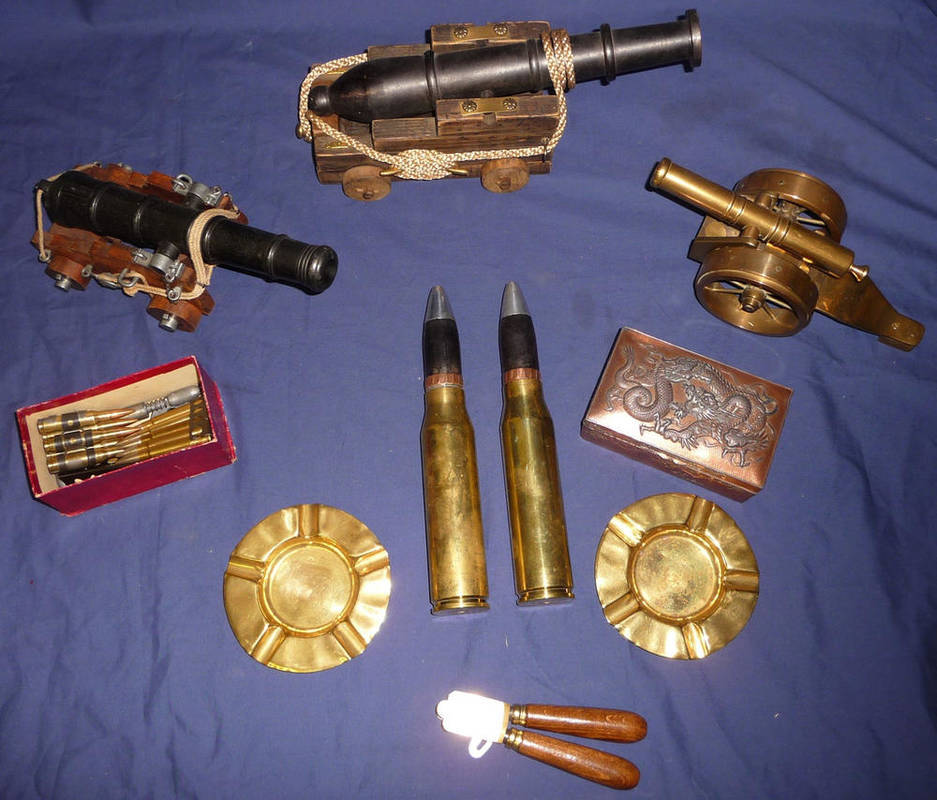 Lot 41 - A Quantity of Militaria, three model signal cannons, a pair of Trench Art ashtrays, a...