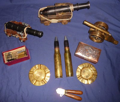 Lot 41 - A Quantity of Militaria, three model signal cannons, a pair of Trench Art ashtrays, a...