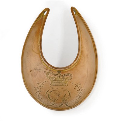 Lot 54 - A Georgian Copper Gorget, with rolled edge, engraved with crowned GR cypher flanked by leaf sprays