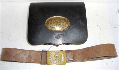 Lot 55 - A US Civil War Period Leather Cartridge Bag, the front flap set with brass US badge, enclosing...