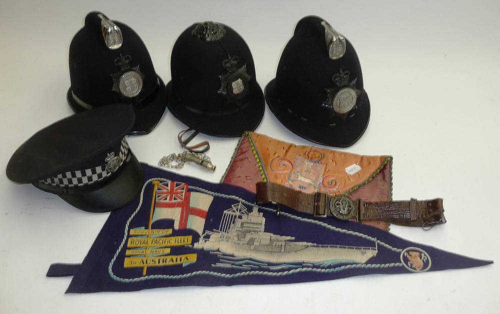 Lot 106 - Two Cox Comb Police Helmets, to Durham Constabulary, cork lined with white metal fittings; a...