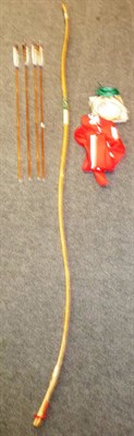 Lot 185 - A Modern Japanese Yumi (Bow), of laminated wood, with four target arrows, spare strings and red...
