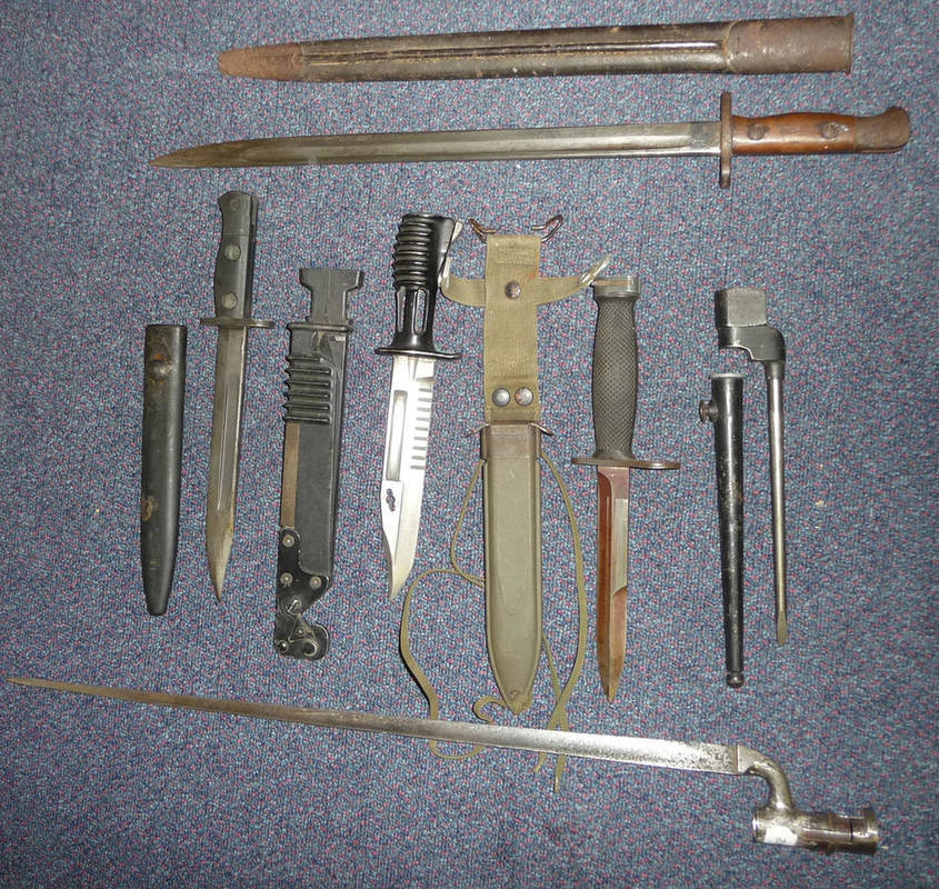 Lot 219 - Six Bayonets:- SA 80 AI knife bayonet with scabbard; US M8AI Armalite knife bayonet with...