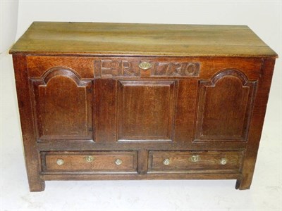 Lot 1426 - An Early 18th Century Joined Oak Chest, the boarded lid over a carved frieze with initials ER...