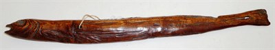 Lot 333 - A Japanese Carved Wooden Fishing Net Shuttle, in the form of a fish, with pierced tail, 37cm