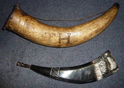 Lot 361 - A 19th Century Large Powder Horn, carved with the initials TH and later carved P 60/12, with...