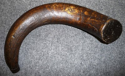 Lot 373 - An 18th Century Large Powder Horn, carved with the initials I A, with iron mounts, 46cm