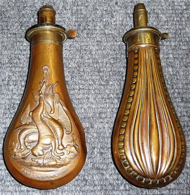 Lot 380 - A James Dixon & Sons Copper Powder Flask, richly embossed with hanging game, the brass Quick...