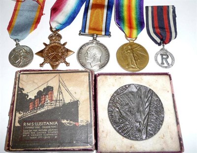 Lot 39 - A First World War Trio, to SE-13313 PTE.H.E.BLOOMFIELD. A.V.C., a Lusitania Medal (boxed); a...