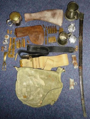 Lot 77 - A Quantity of Militaria, including webbing, a leather sword scabbard, scabbard mounts, two axe...