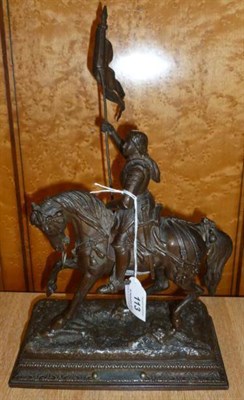 Lot 113 - A Bronzed Spelter Figure of Joan of Arc, seated astride a horse and carrying a standard, the...