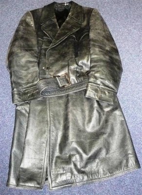 Lot 161 - A German Third Reich Black Leather Trench Coat, with double stitched rever collar and cuffs,...