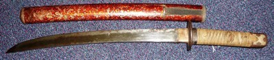 Lot 182 - A Japanese Wakizashi, the 39cm blade with slightly undulating hamon, one piece brass habaki,...