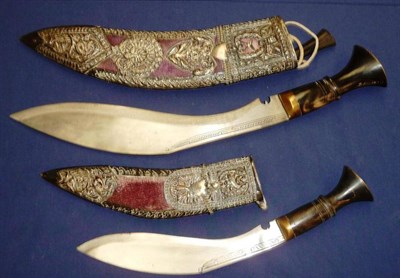 Lot 333 - A Ghurka Kukri, with horn grip, the purple velvet covered scabbard with silver mounts of...