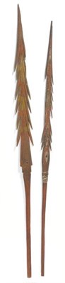 Lot 349 - Two Sepic River, Papua New Guinea Ceremonial Spears, each of red, ochre and white painted wood,...