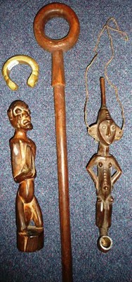 Lot 350 - A Zulu Wood Status Staff, with ring carved finial and cylindrical haft, 97cm; a Luba Type...