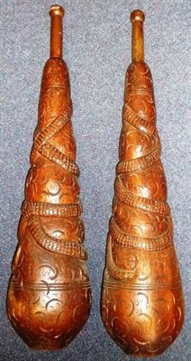 Lot 355 - A Pair of Mid 20th Century Iranian Carved Wood ";Zul-Khane"; Swinging Clubs, each of skittle shape