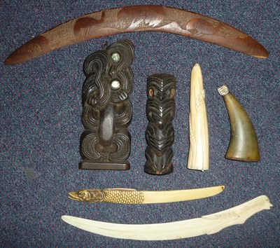 Lot 359 - A Loango Small Ivory Tusk, carved with an entwined snake, 18.5cm; an Ivory Paperknife, the grip...