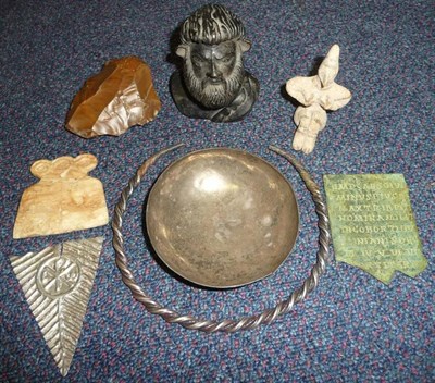 Lot 368 - A Small Collection of Antiquities, comprising a bronze bust of a bearded god, a silver torque circa