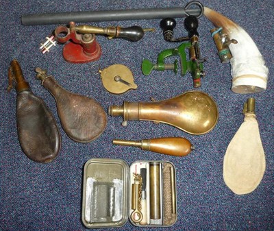 Lot 380 - A Quantity of Shotgun Accessories, including a brass nipple dispenser, a copper pistol flask, a...