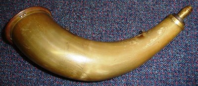 Lot 393 - A 19th Century Powder Horn, the brass charger with external steel spring, with wood base, the...