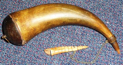 Lot 394 - An 18th Century Powder Horn, with wood stopper, rounded wood butt set with suspension ring, the...