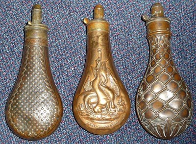 Lot 396 - A James Dixon & Sons Copper Powder Flask, richly embossed with hanging game over maker's name, with