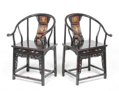 Lot 1502 - A Pair of Chinese Red and Black Painted Armchairs, early 20th century, the curved rest above a...