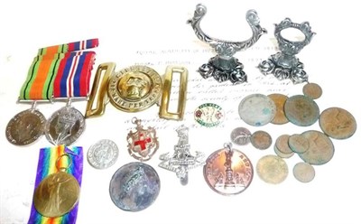 Lot 15 - Militaria, including a Victory Medal to 104720 PTE. J.W. FORSTER. DURH.L.I., a Defence Medal...