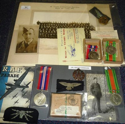Lot 31 - A Second World War RAF Pair, to 1280401 Corporal Donovan, comprising Defence and War Medals,...