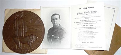 Lot 33 - A Memorial Plaque, to 79609 Private Booth Battye, Durham Light Infantry, with two memorial cards, a