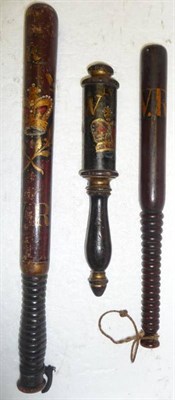 Lot 79 - A William IV Mahogany Small Truncheon, painted with crowned WR IV cypher, scrolling foliage,...