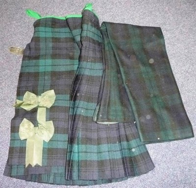 Lot 102 - A Post War Black Watch Officer's Kilt, with green gros grain double ribbon bow trim; a Pair of...