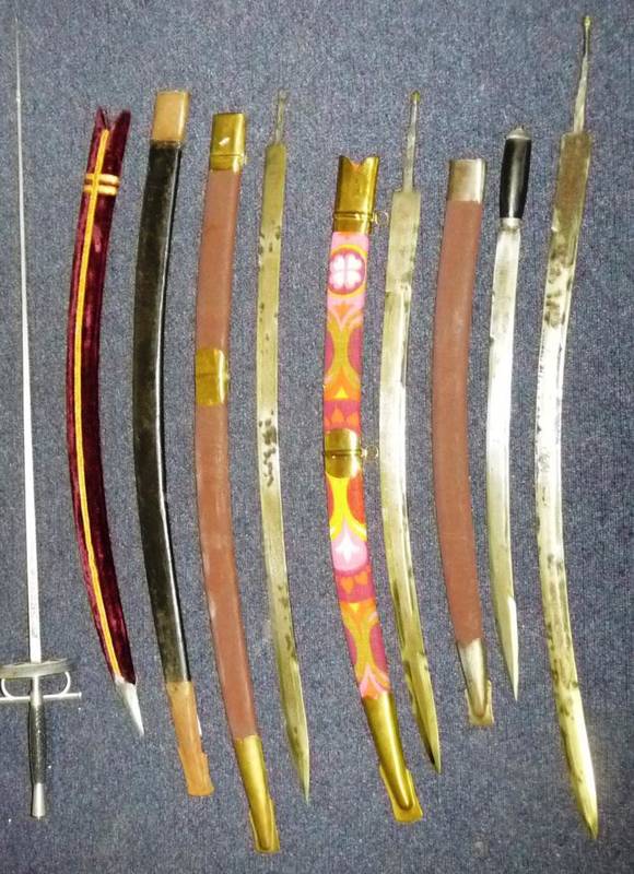 Lot 231 - Four Indian Sword Blades, each with curved single edge, three with scabbards, two other...