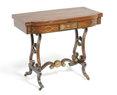 Lot 1541 - A Regency Rosewood and Brass Inlaid Bowfront Card Table, early 19th century, the hinged top...