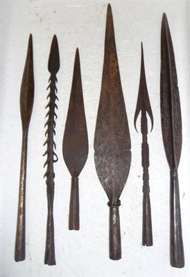 Lot 249 - Six Various African Spear Heads, one with raised medial ridge, one with barbs, all with sockets