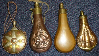 Lot 300 - A Copper Powder Flask, embossed with hanging game, with Improved Patent flashproof brass charger; a