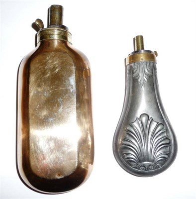 Lot 308 - A Large Copper Powder Flask, of chamfered oblong form, the brass charger with exposed steel spring