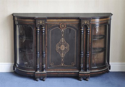 Lot 1570 - A Victorian Ebonised, Walnut and Boxwood Strung Breakfront Credenza, late 19th century, the...