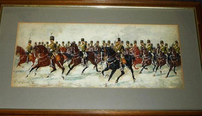 Lot 73 - C Conay - ";19th Hussars";, signed and inscribed, watercolour and body colour, 23cm by 57cm, framed