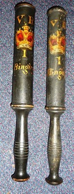 Lot 119 - Two Victorian ";Bingley"; Police Truncheons, each of ebonised oak, the 23cm cylindrical head...