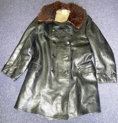 Lot 149 - A Second World War German Black Leather Trench Coat, with brown wool fur trimmed collar, double...