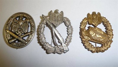 Lot 153 - Three German Third Reich Badges:- Infantry Assault Badge, silver class, with vertical needle...