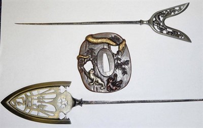 Lot 181 - Two Modern Japanese Yanone (Arrowheads), one of pierced spade shape, the other with dragon...